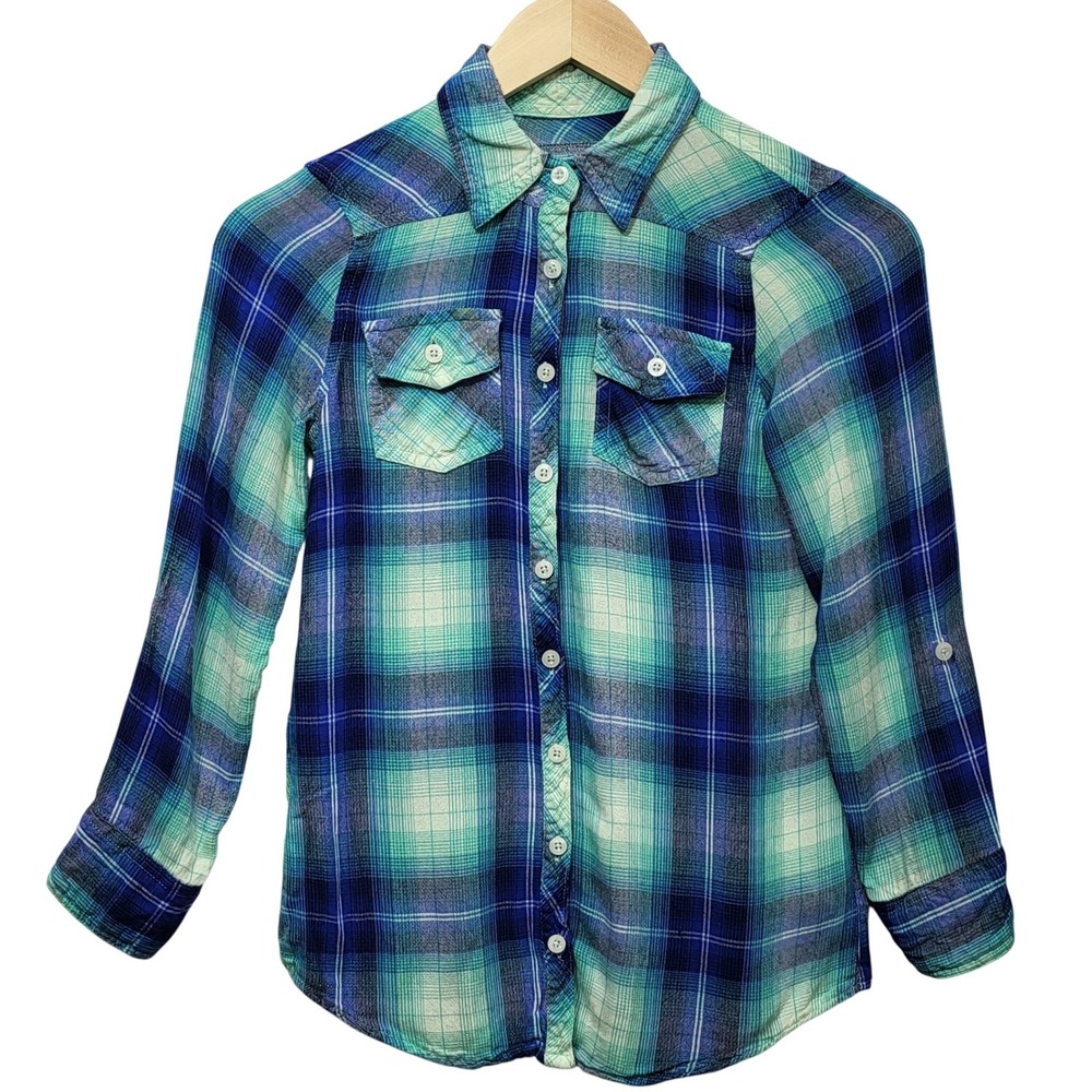 Justice Girls Blue Teal Plaid Button Down Shirt Roll Tab Sleeve Size 10 Rayon